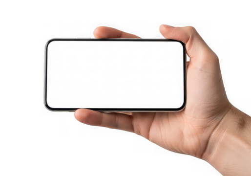 Hand holding a modern black smartphone horizontally with a blank white screen, perfect for displaying app interfaces or website designs, isolated on transparent background