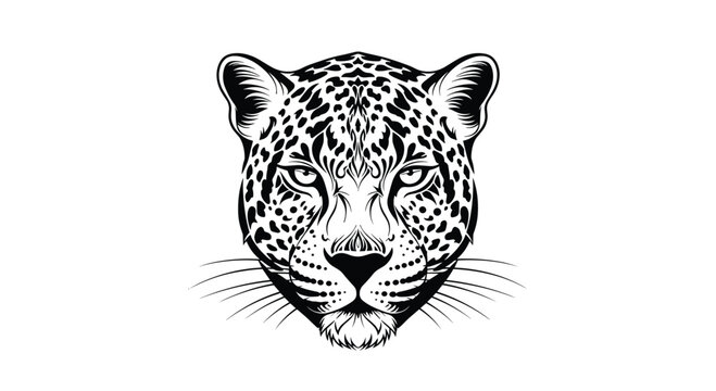Symmetrical and powerful black and white portrait of a leopard's head, intricately detailed in a tribal or tattoo style, staring directly forward.