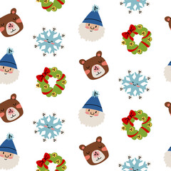 Pattern with Christmas characters. Flat colored New Year people, animals, objects in a seamless texture. Santa's helper gnome, snowflake, Christmas wreath, bear for digital design or greeting cards