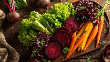 Fresh organic vegetables arranged on a rustic wooden board