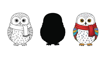 Cute cartoon owls wearing scarves, presented in black and, silhouette and colored versions