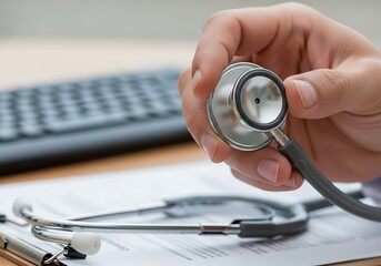 Doctor holding stethoscope over medical documents healthcare