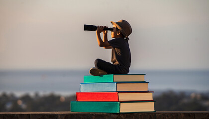 Boy with Spyglass on Books Seeks Adventure and Knowledge, Inspiring Curiosity and Discovery, A Symbol of Learning, Imagination, and Future Vision