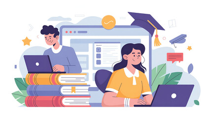 Online education vector illustration students learning with laptops studying remotely for web design and e-learning platforms