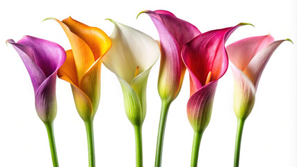 A row of vibrant multi-colored calla lilies in full bloom