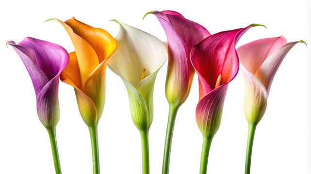 A row of vibrant multi-colored calla lilies in full bloom