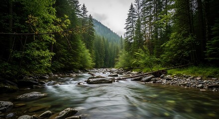 Cascading River Through Lush Forest - A Serene Landscape.