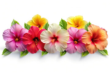 Vibrant row of assorted hibiscus flowers with green leaves