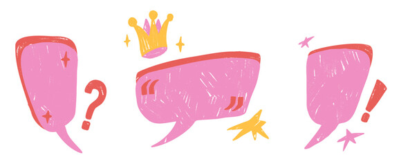 Kids speech bubbles with punctuation marks. Hand drawn girly crayon text boxes frames set with crown. Chalk crayon promo callout textured shapes. Vector text balloon testimonial isolated no background