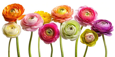 Colorful ranunculus flowers with green stems on white background.