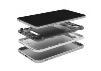 Exploded view of a smartphone revealing its intricate internal parts and modular design, ideal for technology and repair concepts, isolated on transparent background
