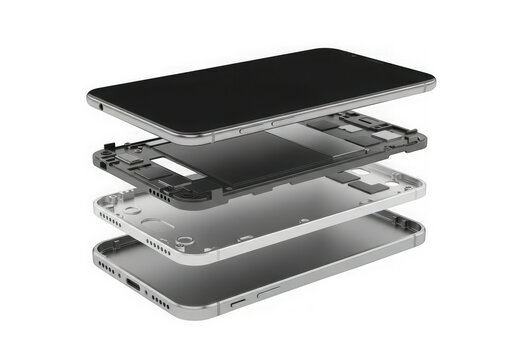 Exploded view of a smartphone revealing its intricate internal parts and modular design, ideal for technology and repair concepts, isolated on transparent background