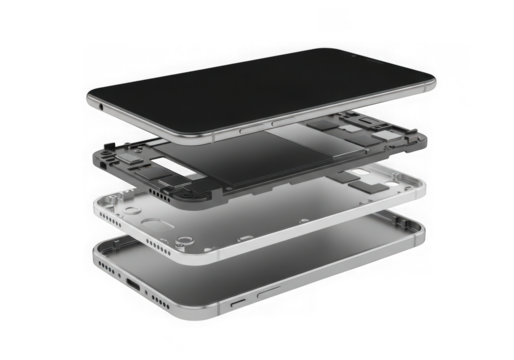 Exploded view of a smartphone revealing its intricate internal parts and modular design, ideal for technology and repair concepts, isolated on transparent background