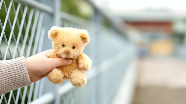 Close-up child's hand holding sad defocused teddy bear, faceless border crossing, emotional visualization detail, blurred background, migration concept, refugee interface, sad disp