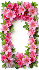 Pink azalea flower and green leaf frame on white background