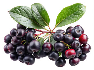 Fresh aronia berries on a branch with green leaves, isolated.