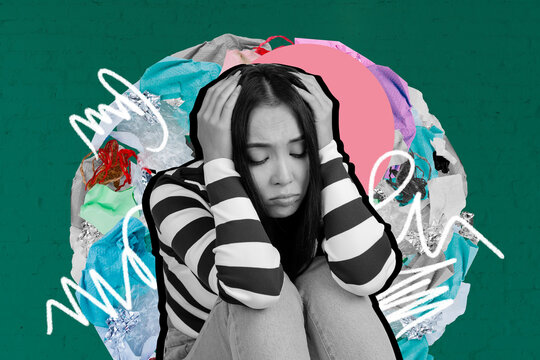 Collage trend artwork composite sketch poster of young lady cover head stress awareness protection ecosystem support responsibility trash