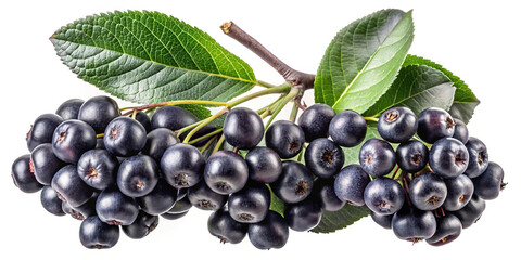 Fresh organic aronia berries on a branch with green leaves.
