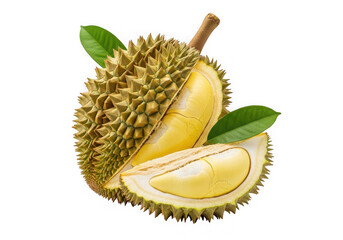 Fresh ripe durian fruit with its thorny shell partially cut open to reveal creamy yellow flesh and green leaves, isolated on transparent background