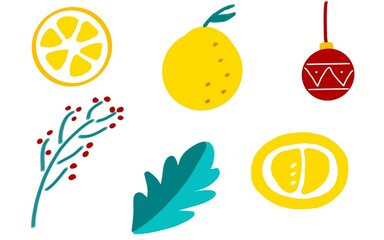 Hand-drawn festive citrus and holiday doodle set, doodle set collection