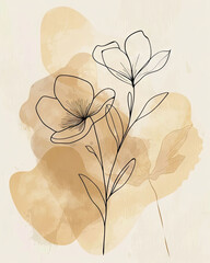 Modern botanical element combining line art and soft watercolor fill in neutral tones