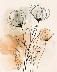 Modern botanical element combining line art and soft watercolor fill in neutral tones