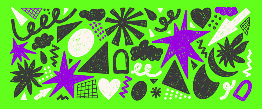 Abstract geometric neon colors shapes marker drawn sticker Collage doodle punk oval, twinkle, heart and grid set. Vector hand-drawn elements on green background. Squiggles and zigzag with arch bg.