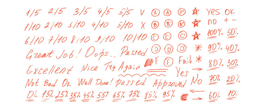 School exam marks icons. Teacher note hand drawn red set. Crayon drawn exam scribbles symbols. Educational marks, score, test results and excellent words. Vector fail and approved students check.