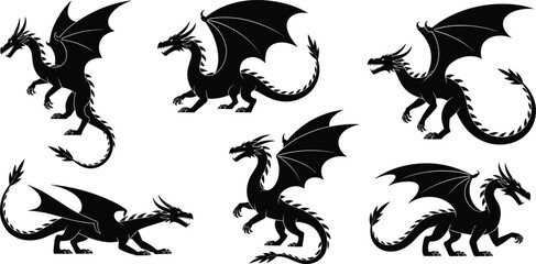 Set of dragon silhouettes, black mythical vector animals with wings, fantasy creature collection for logo, tattoo, heraldry, and medieval design.