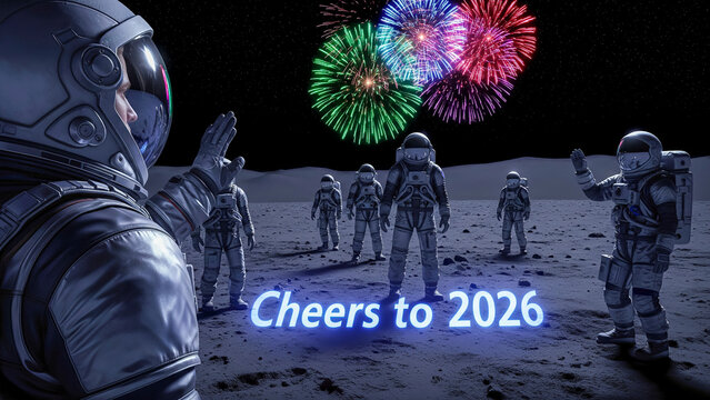 An astronaut watches his crew celebrate New Year 2026 on the moon under colorful fireworks. The glowing text "Cheers to 2026" illuminates the futuristic scene. A cinematic and hopeful concept. - Powered by Adobe