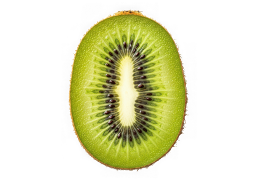 A vibrant green kiwi fruit cut in half, showcasing its juicy flesh and tiny black seeds, isolated on a transparent background - Powered by Adobe