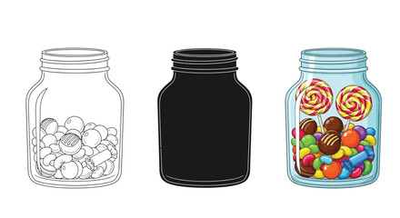 Three jars outline, black silhouette, and colorful jar with candies