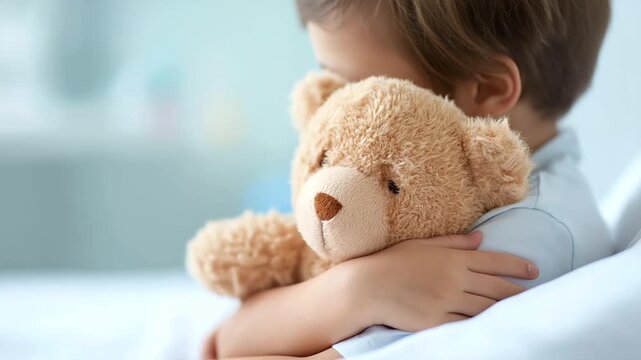 Cute child hugging teddy bear defocused in hospital bed, faceless patient moment, comfort visualization detail, blurred medical background, healthcare concept, pediatric interface,