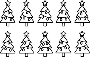 Christmas trees and holiday decoration icons set. New Year elements, festive outline illustrations