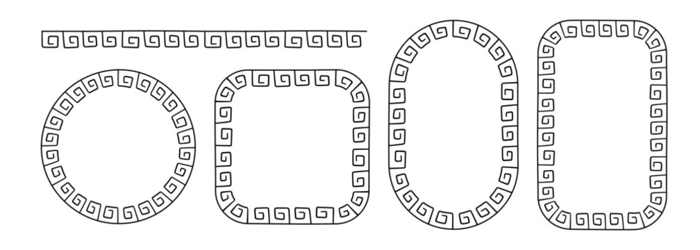 Greek doodle frames set. Hand drawn roman circle, oval and rectangle frame. Greek or Roman ancient motif border design. Ancient ornament elements. Vector illustration isolated on white background.