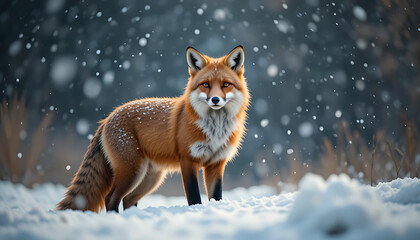 A red fox standing in snow with soft falling snowflakes, natural lighting, shallow depth of field, high-detail wildlife photography, commercial safe.
