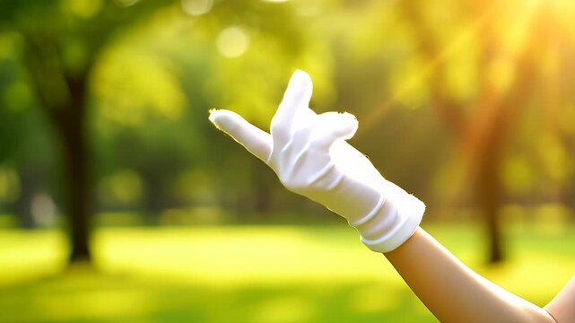 Arm With White Glove Reaching Outward in a Sunny Outdoor Setting