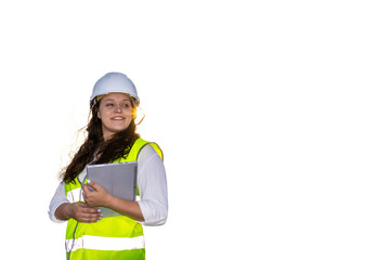 Female engineer holding tablet and smiling, wearing hardhat and safety vest. PNG background