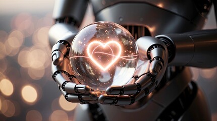Pair of advanced humanoid robot hands gently holding a glowing transparent glass sphere with a radiant neon heart floating inside, soft energy trails and electric particles swirl around the heart.