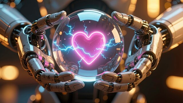 Pair of advanced humanoid robot hands gently holding a glowing transparent glass sphere with a radiant neon heart floating inside, soft energy trails and electric particles swirl around the heart.