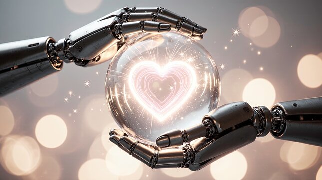 Pair of advanced humanoid robot hands gently holding a glowing transparent glass sphere with a radiant neon heart floating inside, soft energy trails and electric particles swirl around the heart. - Powered by Adobe