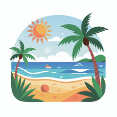 Obraz premium A vibrant cartoon illustration of a tropical beach scene with palm trees, ocean waves, a sandy shore, and a bright sun.