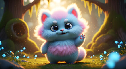 Adorable smiling cute fluffy cat with big eyes waving a paw, saying hello, fun cartoon animal character in pink and blue colors in a forest among trees and flowers.