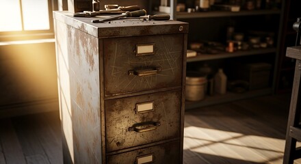 Vintage Filing Cabinet in Workshop with Tools and Natural Light.