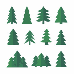 Fototapeta premium A collection of stylized green evergreen tree icons in various shapes and groupings, featuring a flat design aesthetic.