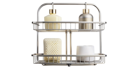 Two-tier chrome shower caddy with soap, shampoo, and sponge