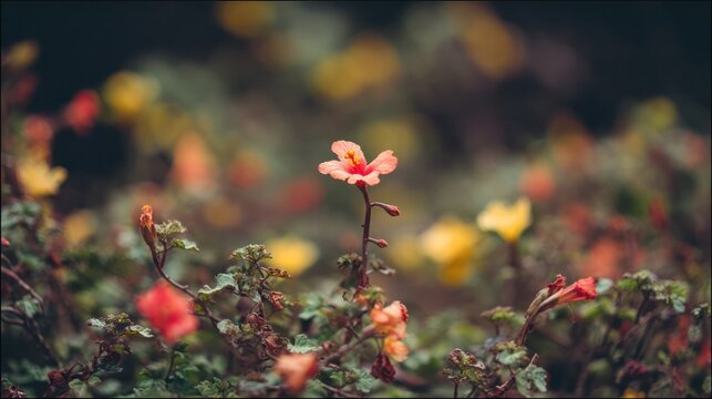 A lone vibrant flower blooms among thorny bushes in a serene morning garden. gardening catalogs, home-decor guides, designed for gardening and botanical catalogs.