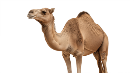 Full-Body Dromedary Camel in Profile on Pure White Background – Light Brown One-Hump Camel Standing Naturally with Soft Even Lighting Highlighting Fur Texture and Clean Wildlife Studio Isolation”