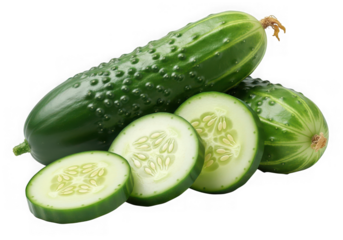 Fresh green cucumbers, whole and sliced, showcasing their crisp texture and vibrant color, isolated on transparent background