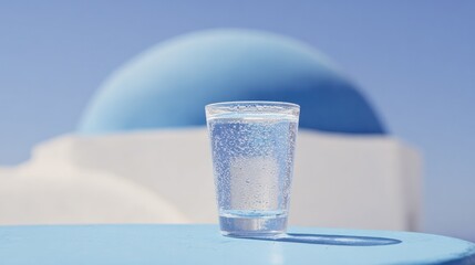 Chilled ouzo glass on a table between blue dome and white walls. bar promotions, beverage menus, packaging labels, designed for product packaging and bar promotions, used by copywriters.